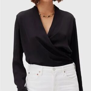 Amour Vert Calais Wrap Black Satin Blouse